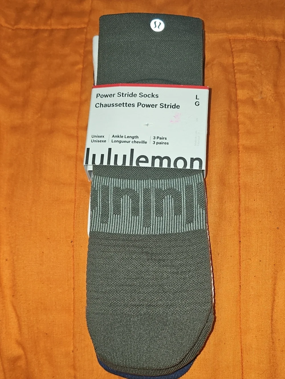Lululemon Power Stride Socks, 3 Pair!! Nwts! ARMG/WHT/BLTW!! Sz Large